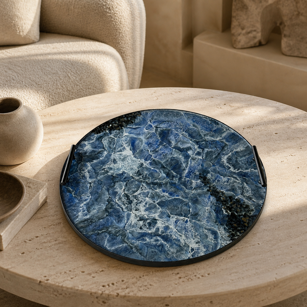 Blue Ottoman tray handmade epoxy resin geode design