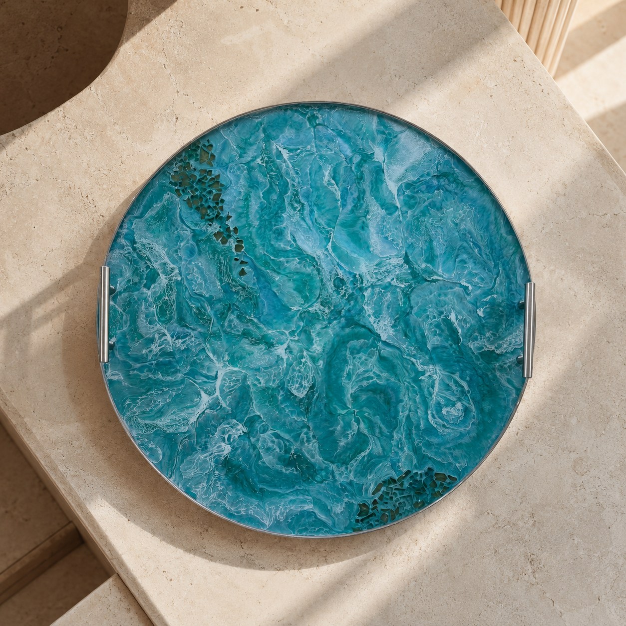 Ocean colors Ottoman tray handmade epoxy resin geode design