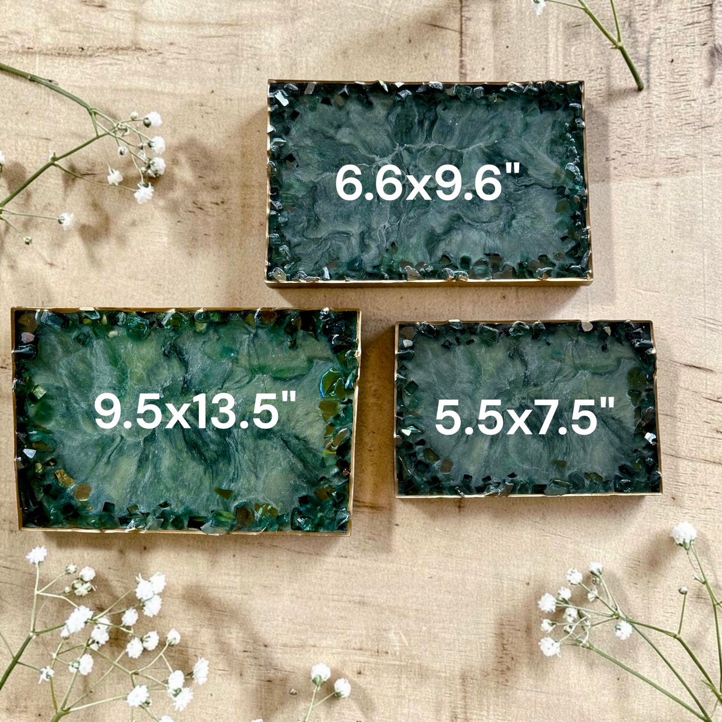 Green rectangle tray handmade epoxy resin geode design, 3 sizes