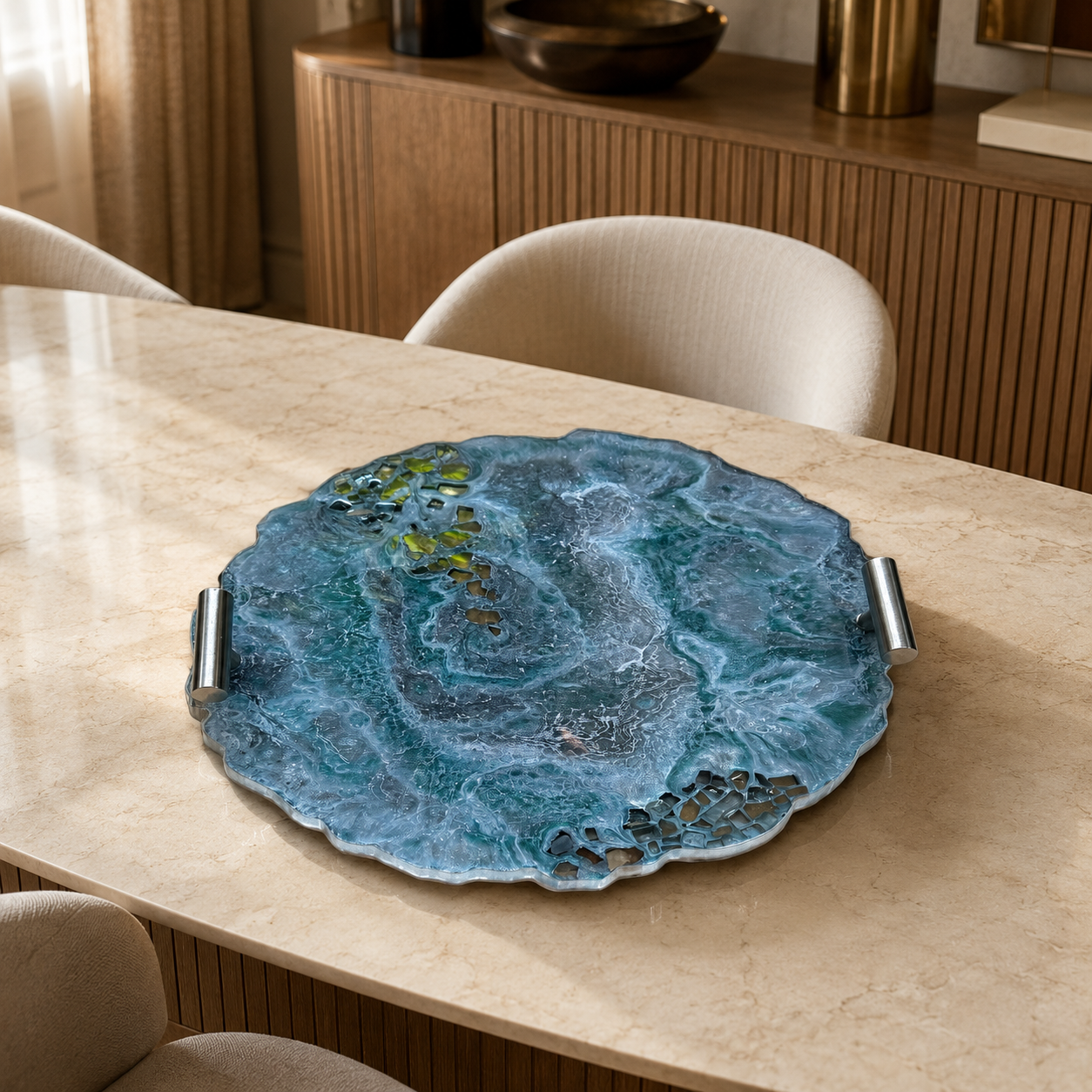 Teal and Silver tray handmade epoxy resin geode design