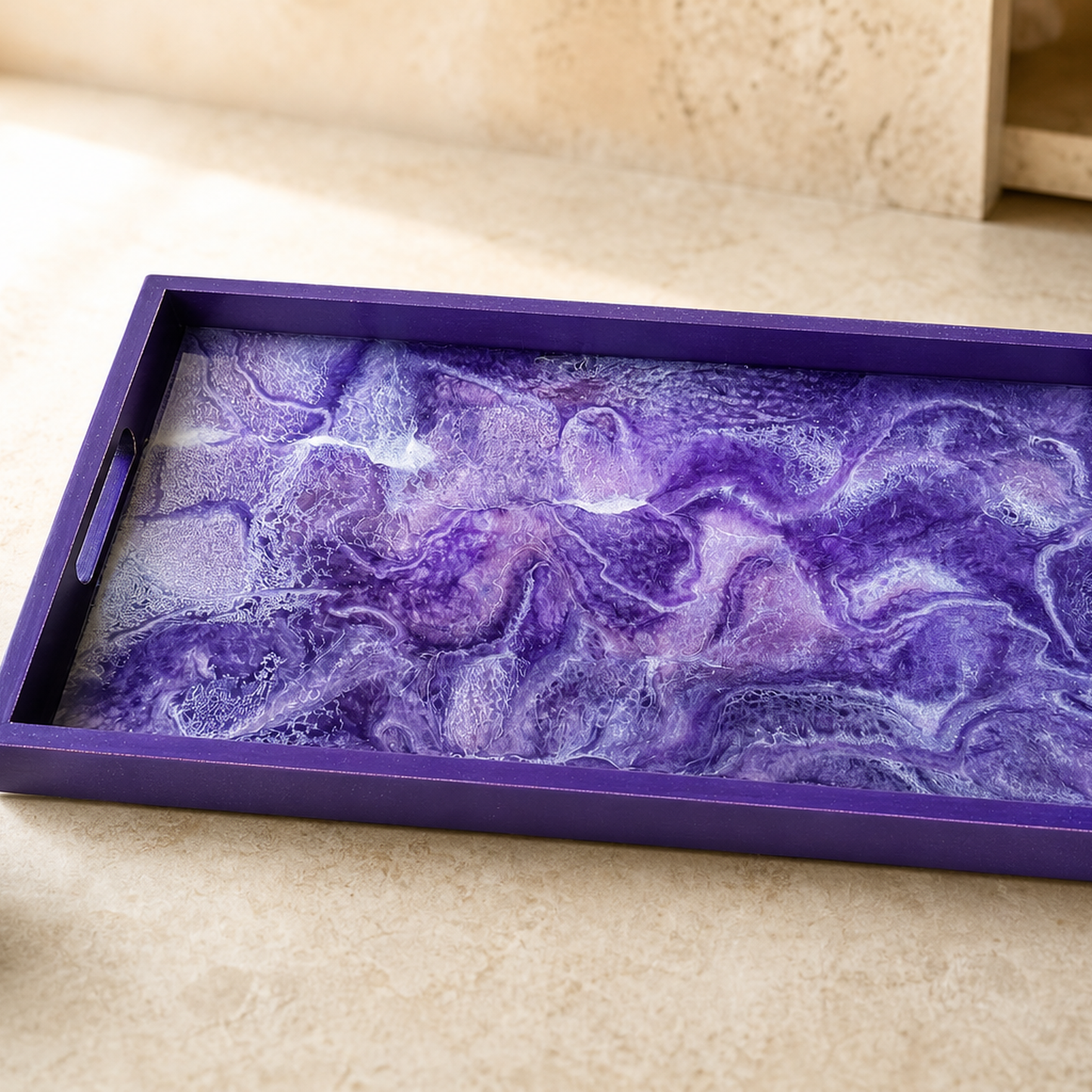 Purple wooden tray handmade epoxy resin geode design, 3 sizes