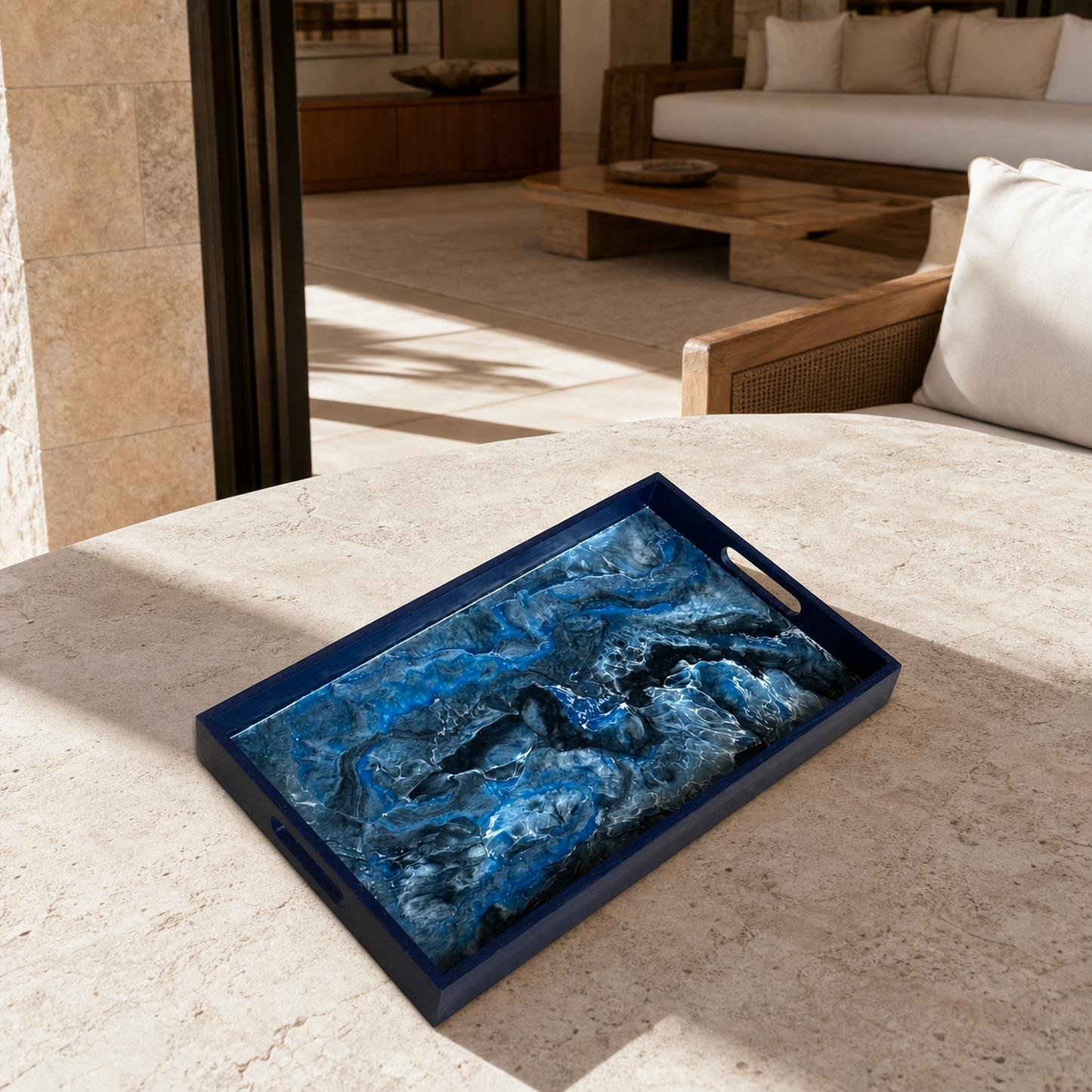 Blue wooden tray handmade epoxy resin geode design, 3 sizes
