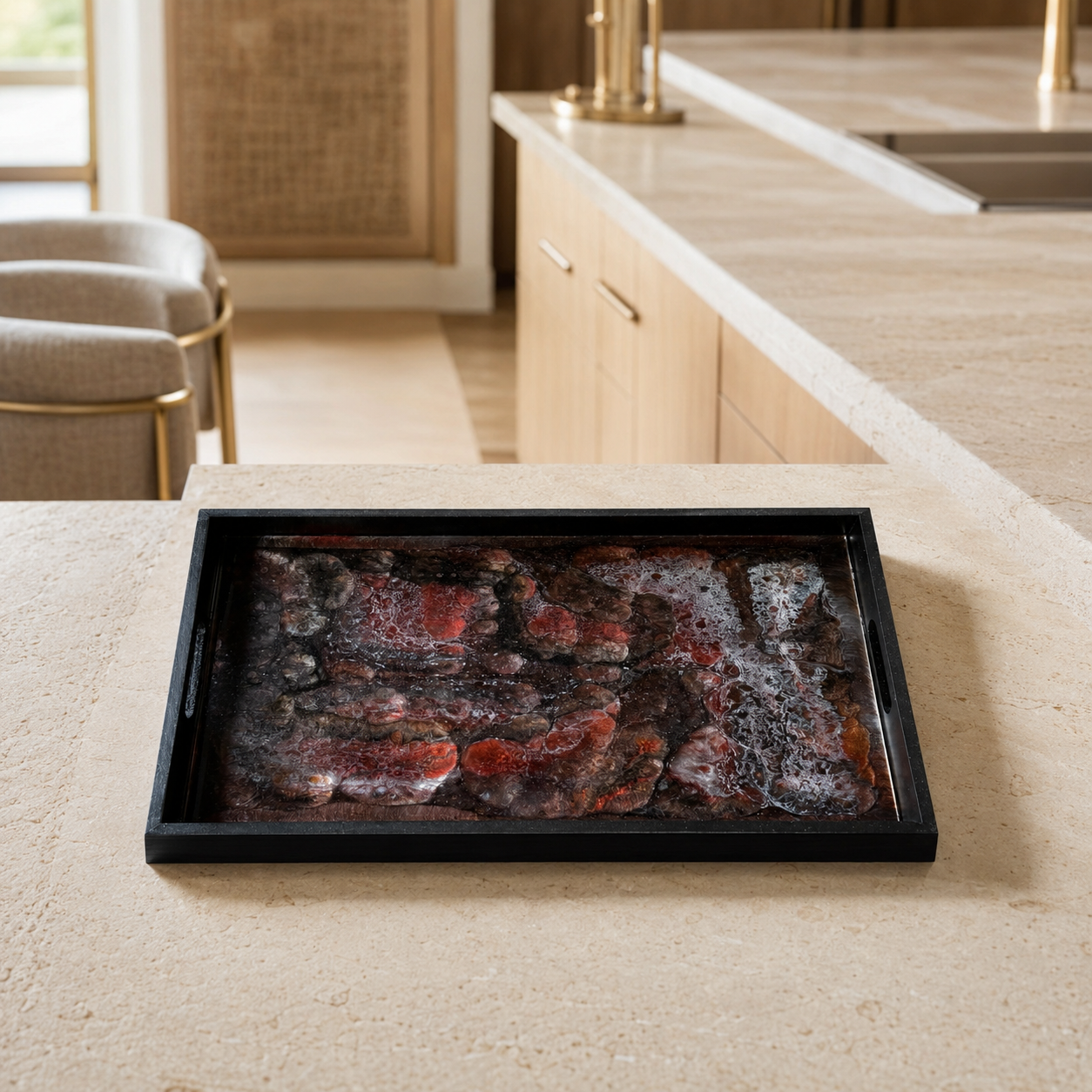 Black, Bronze and Copper wooden tray handmade epoxy resin geode design, 3 sizes