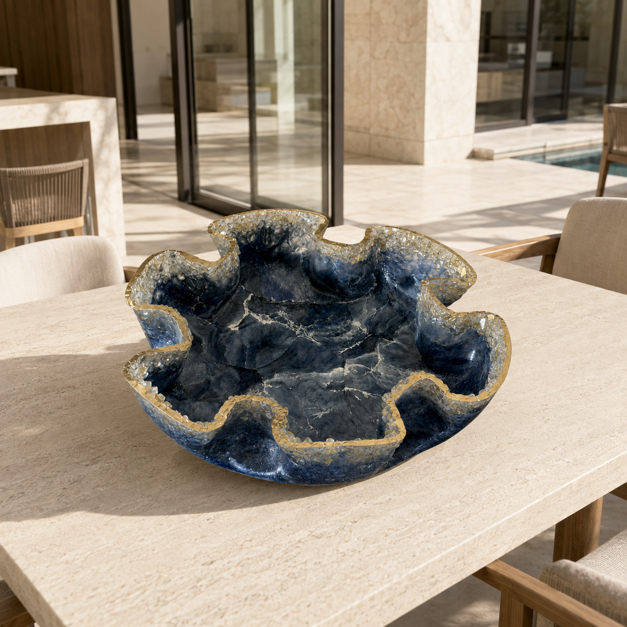 XLarge Blue bowl with Glass edge, 18x6" geode design epoxy resin