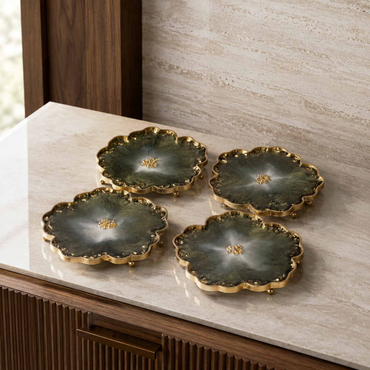 Olive Green Flower tray with matching coasters