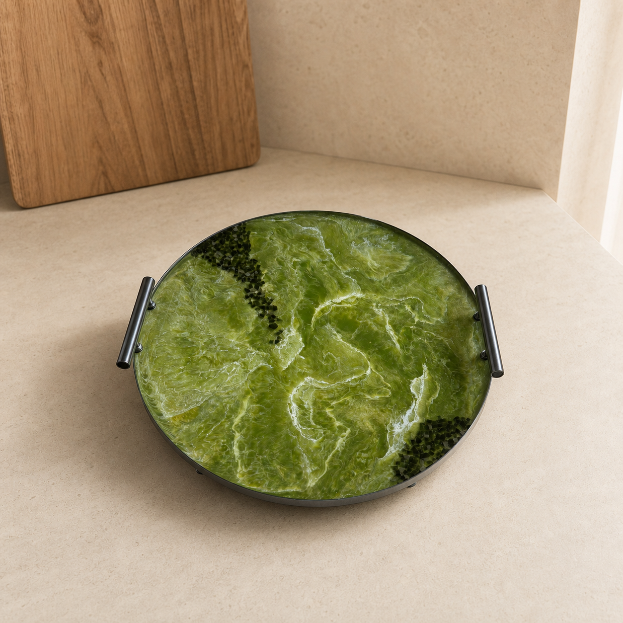 Olive Green Ottoman tray handmade epoxy resin geode design