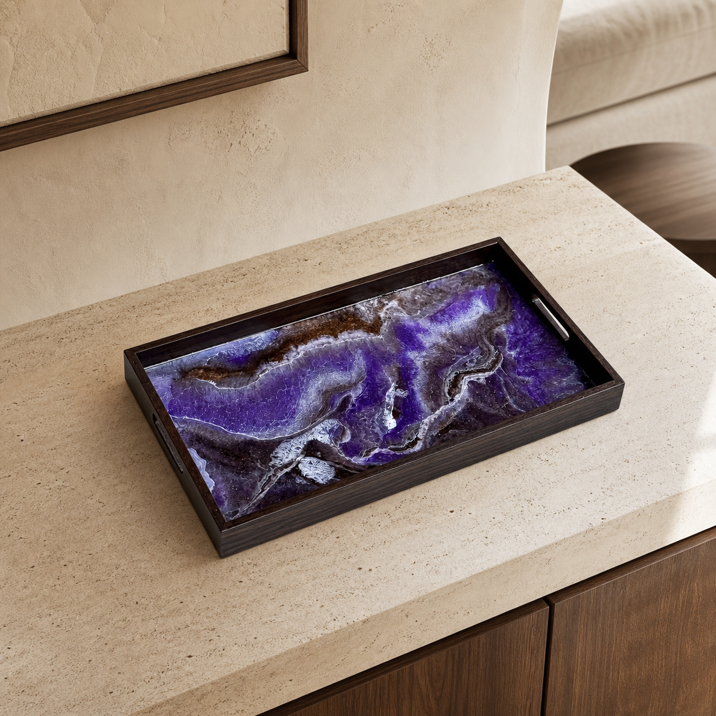 Purple and Brown wooden tray handmade epoxy resin geode design, 3 sizes