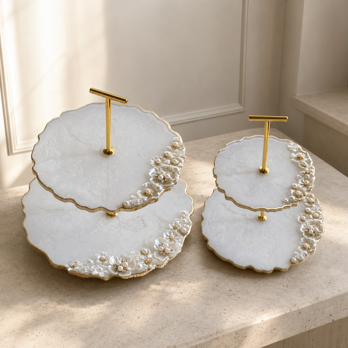 White 2-Tier Jewelry Display Stand, handmade geode design epoxy resin tray,  Floral & Pearl Embellished