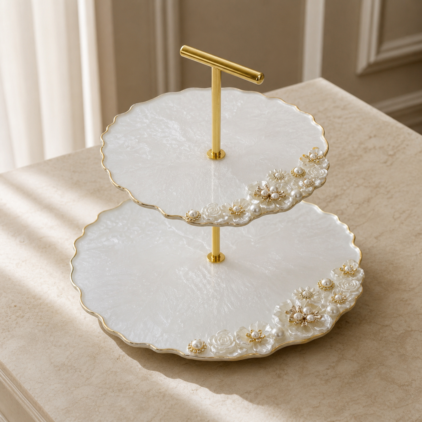 White 2-Tier Jewelry Display Stand, handmade geode design epoxy resin tray,  Floral & Pearl Embellished