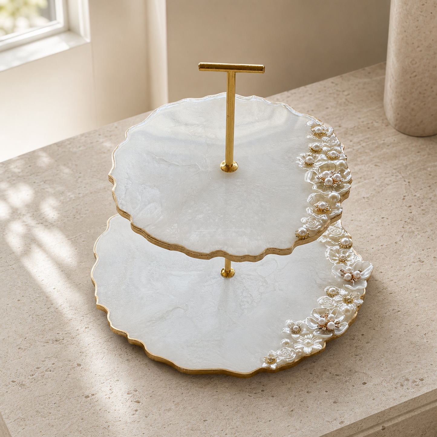 White 2-Tier Jewelry Display Stand, handmade geode design epoxy resin tray,  Floral & Pearl Embellished