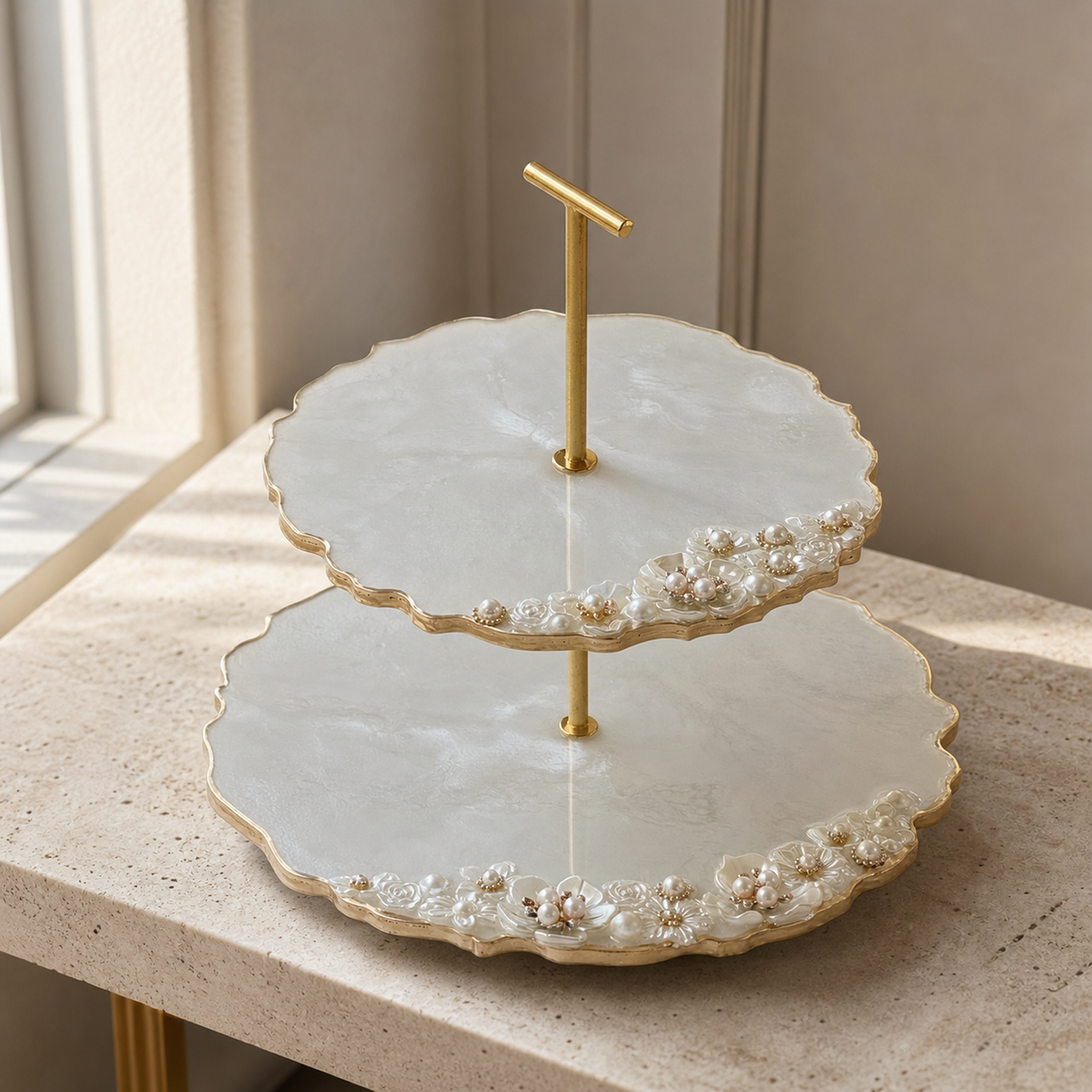 White 2-Tier Jewelry Display Stand, handmade geode design epoxy resin tray,  Floral & Pearl Embellished