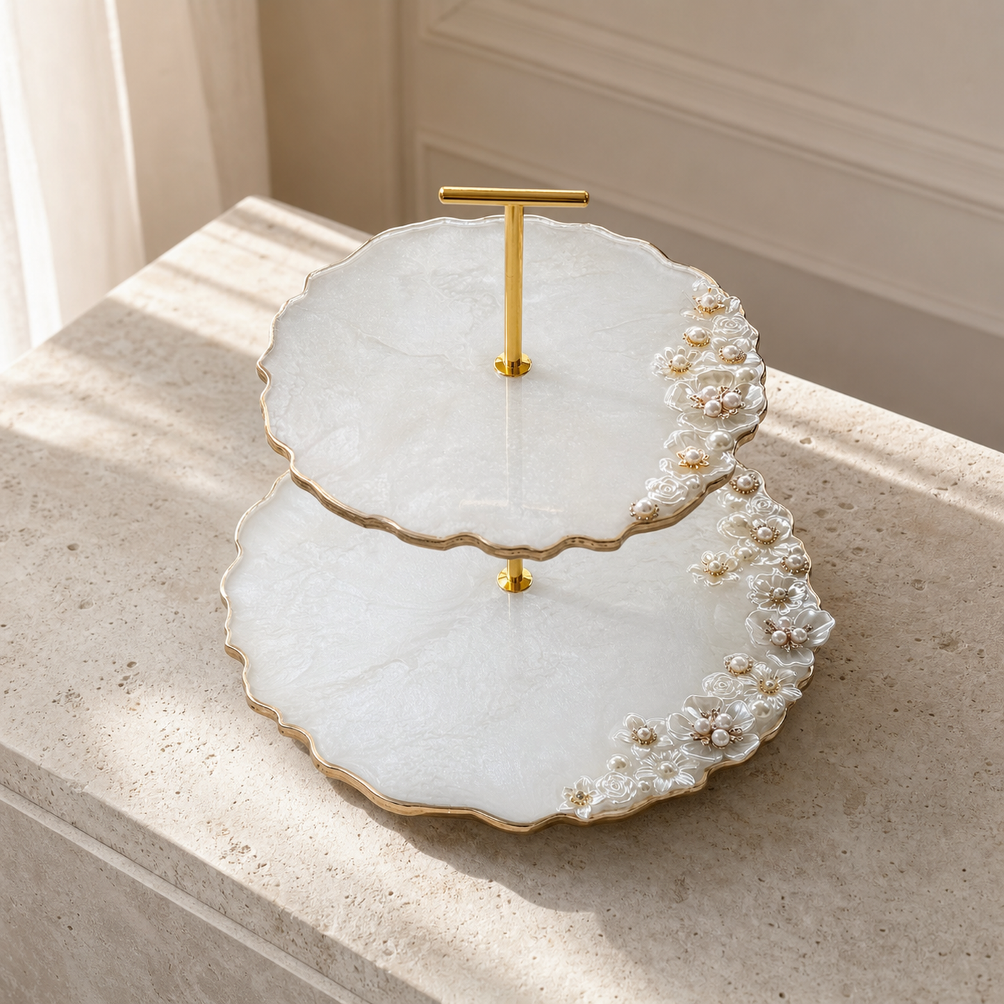 White 2-Tier Jewelry Display Stand, handmade geode design epoxy resin tray,  Floral & Pearl Embellished