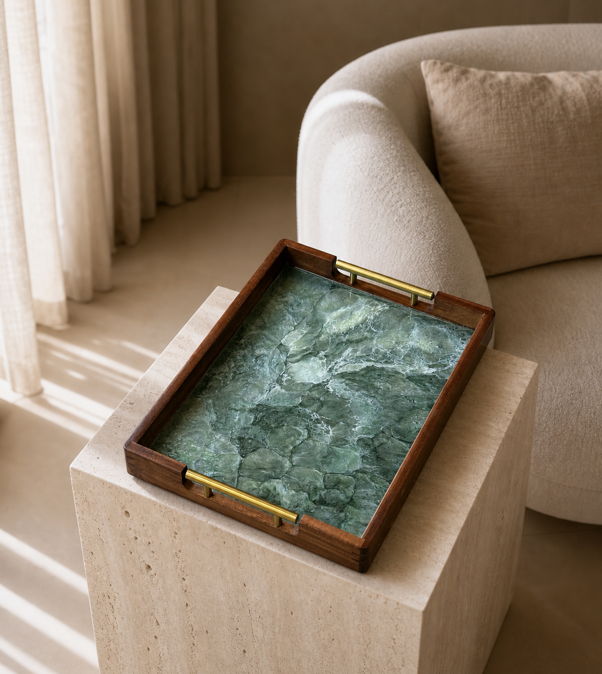Green acacia wood tray 17x13x2" handmade epoxy resin geode design