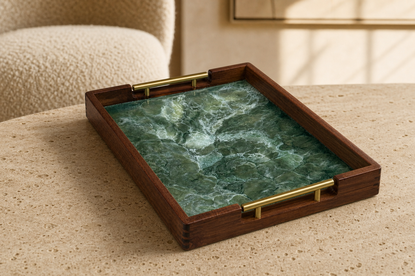 Green acacia wood tray 17x13x2" handmade epoxy resin geode design
