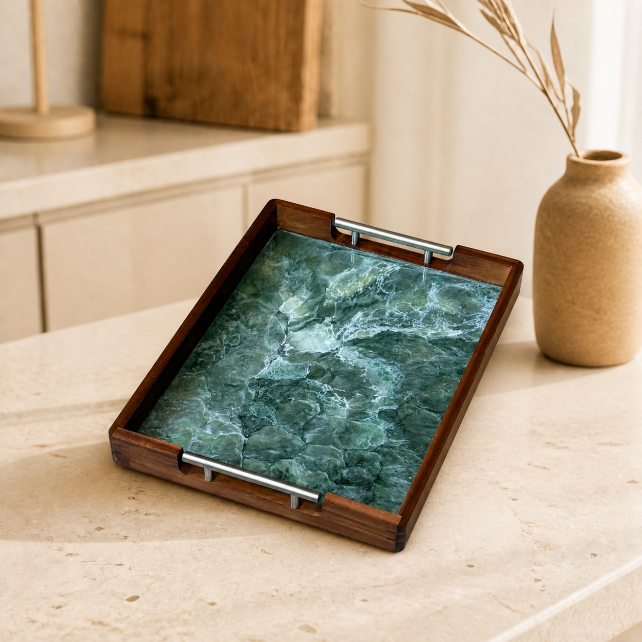 Green acacia wood tray 17x13x2" handmade epoxy resin geode design