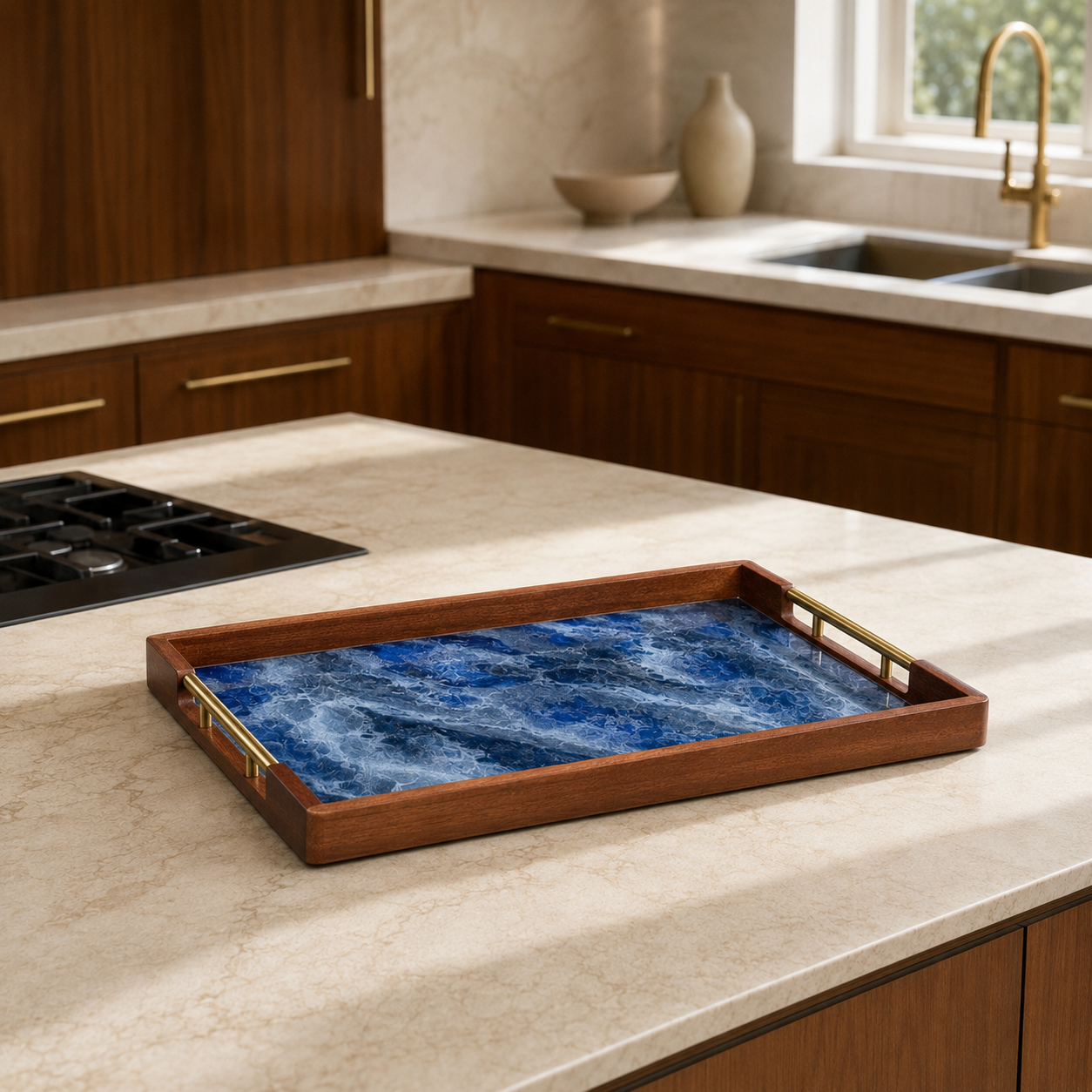 Blue acacia wood tray 17x13x2" handmade epoxy resin geode design