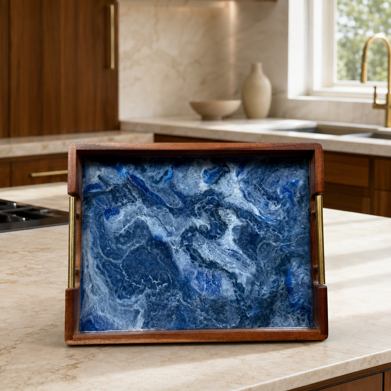 Blue acacia wood tray 17x13x2" handmade epoxy resin geode design