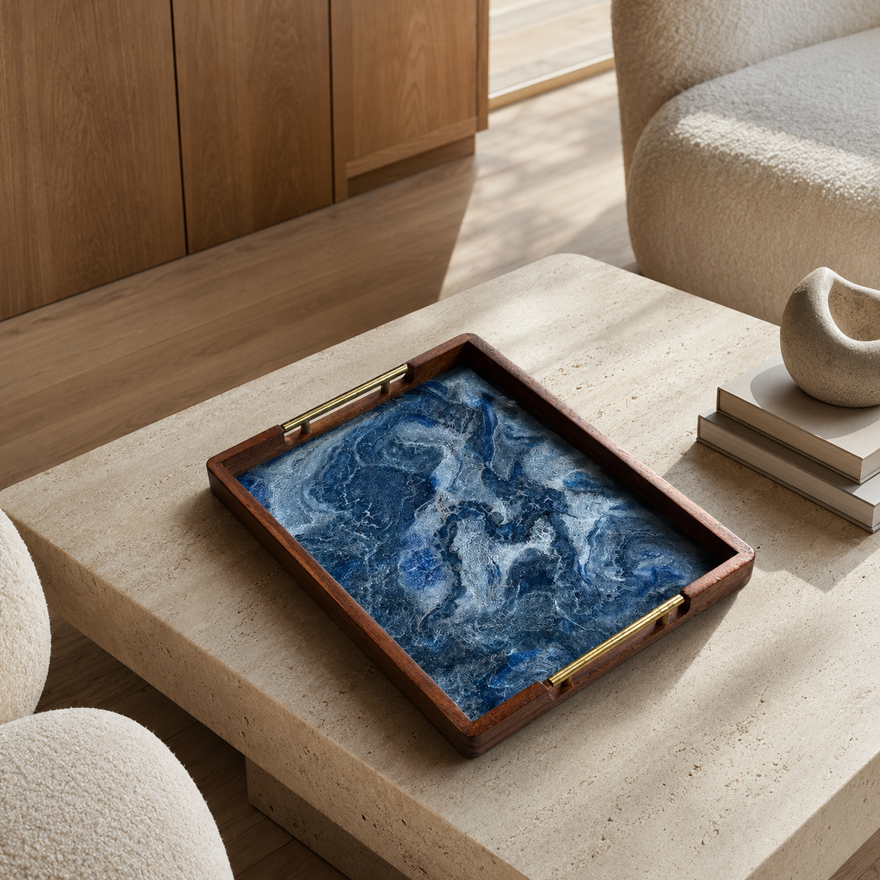 Blue acacia wood tray 17x13x2" handmade epoxy resin geode design