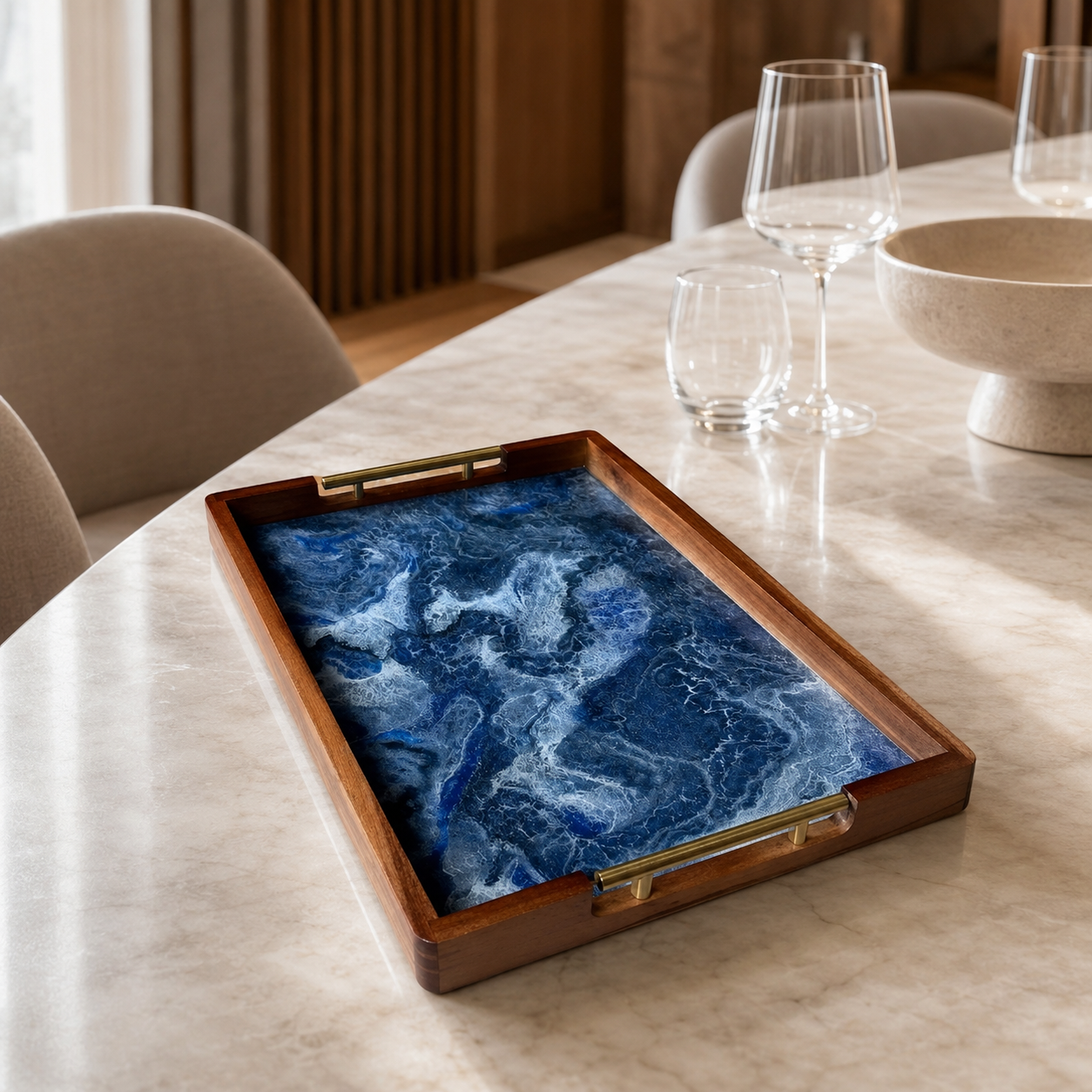 Blue acacia wood tray 17x13x2" handmade epoxy resin geode design