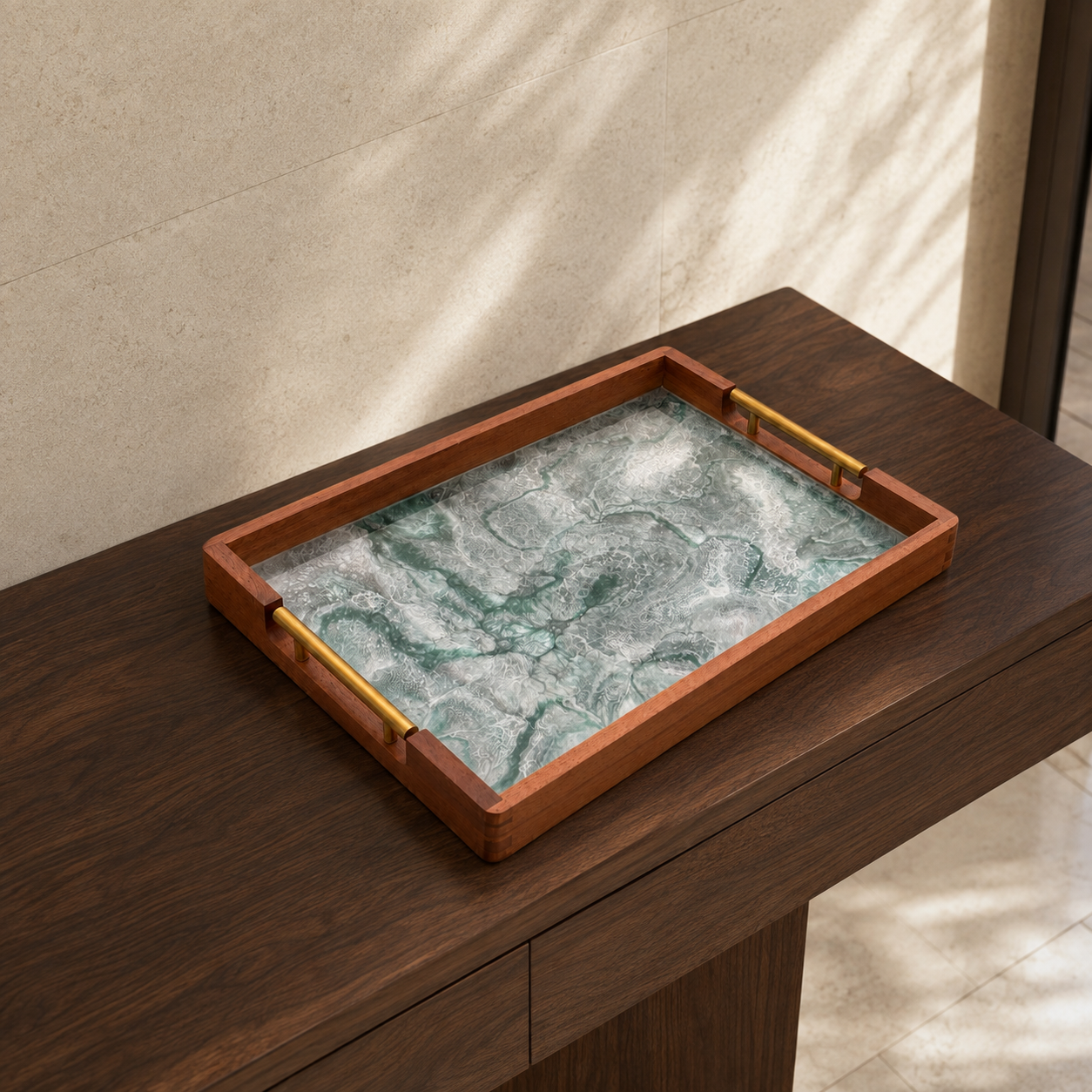 Teal and Silver acacia wood tray 17x13x2" handmade epoxy resin geode design (Copy)