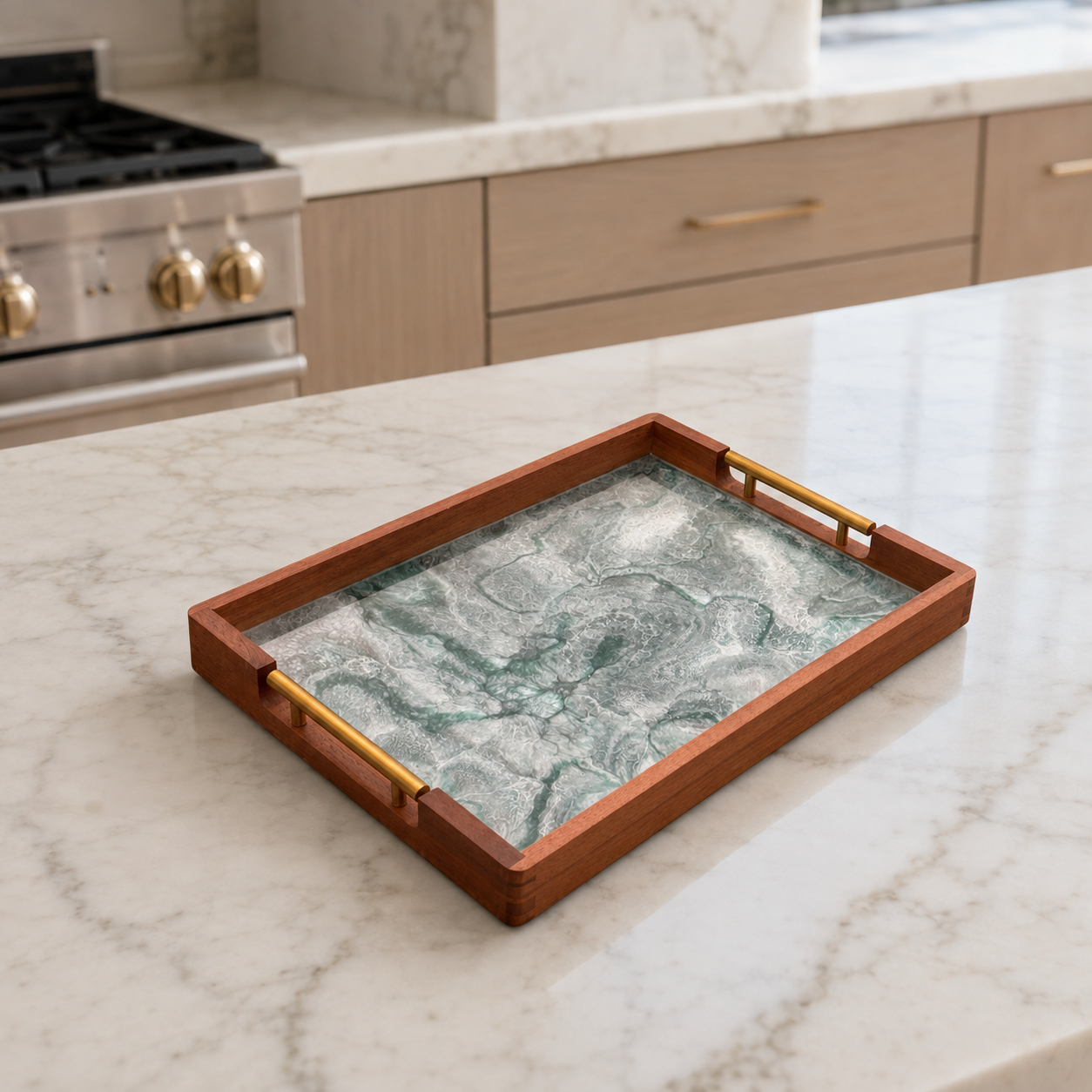 Teal and Silver acacia wood tray 17x13x2" handmade epoxy resin geode design (Copy)