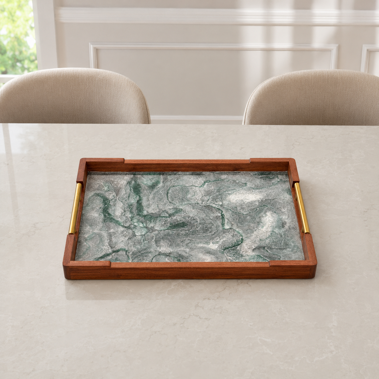 Teal and Silver acacia wood tray 17x13x2" handmade epoxy resin geode design (Copy)