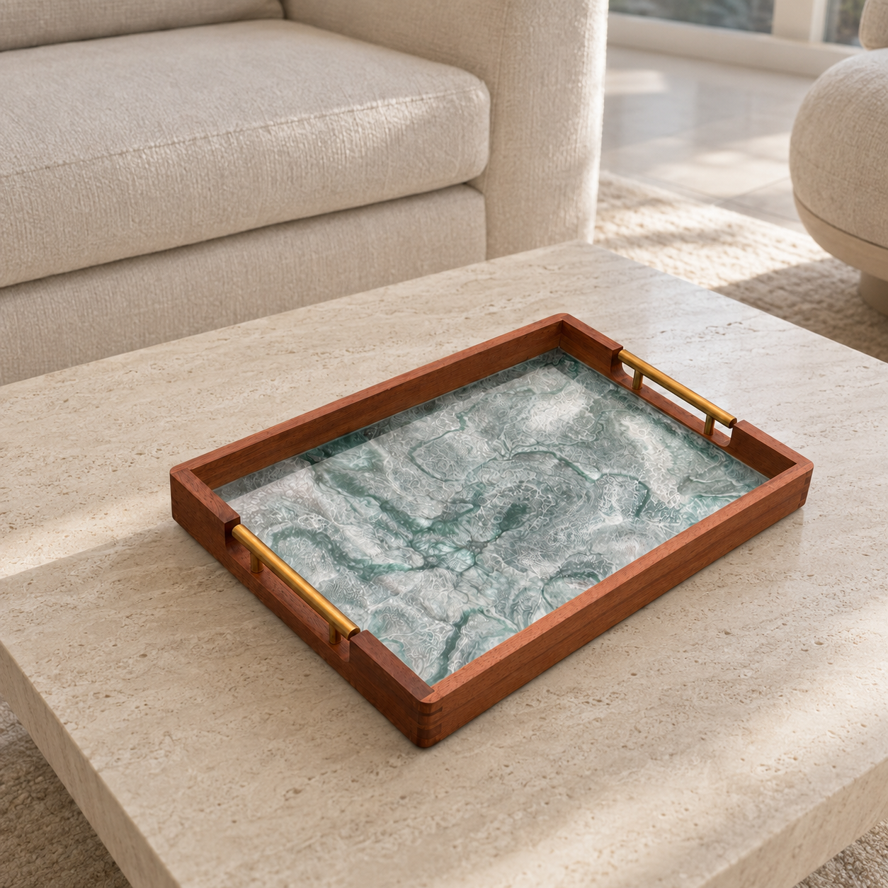 Teal and Silver acacia wood tray 17x13x2" handmade epoxy resin geode design (Copy)