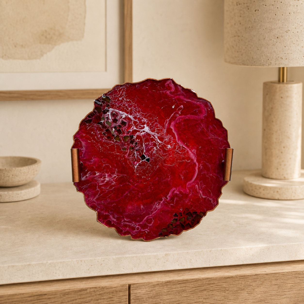 Red tray handmade epoxy resin geode design