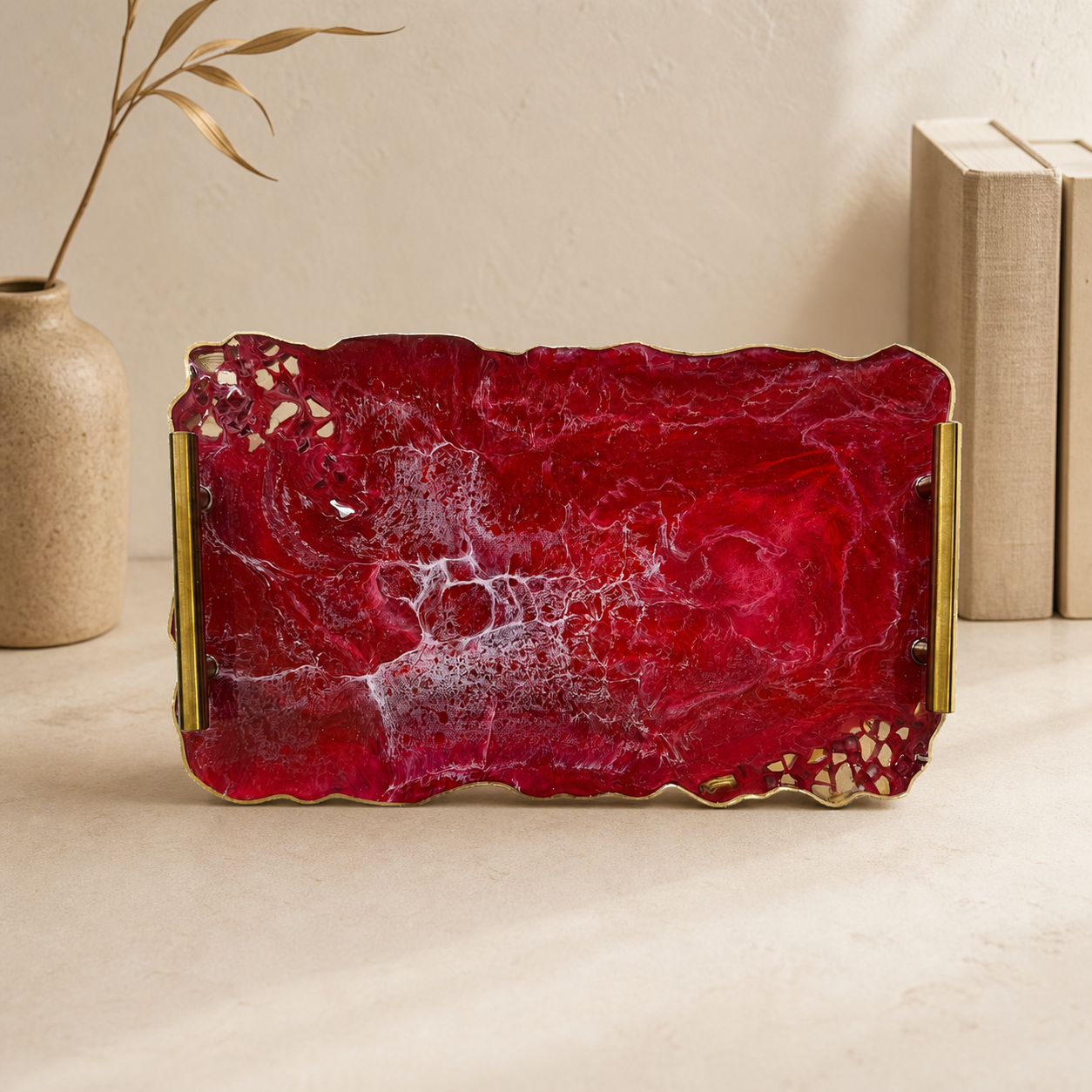 Red tray handmade epoxy resin geode design