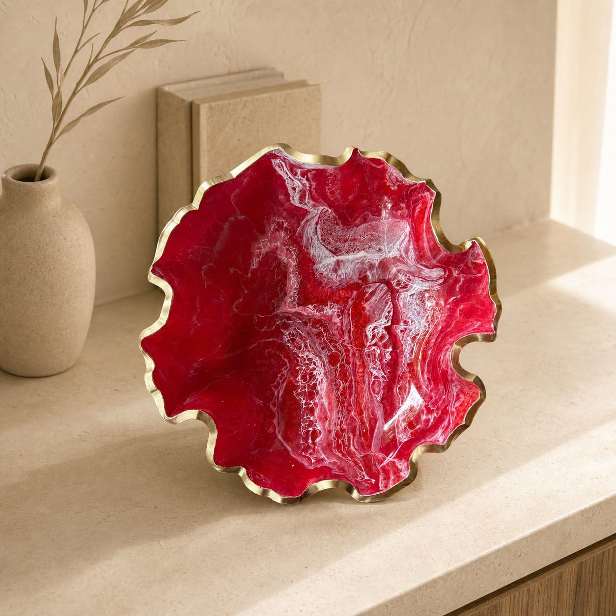 Medium Red bowl, 11x3" geode design epoxy resin