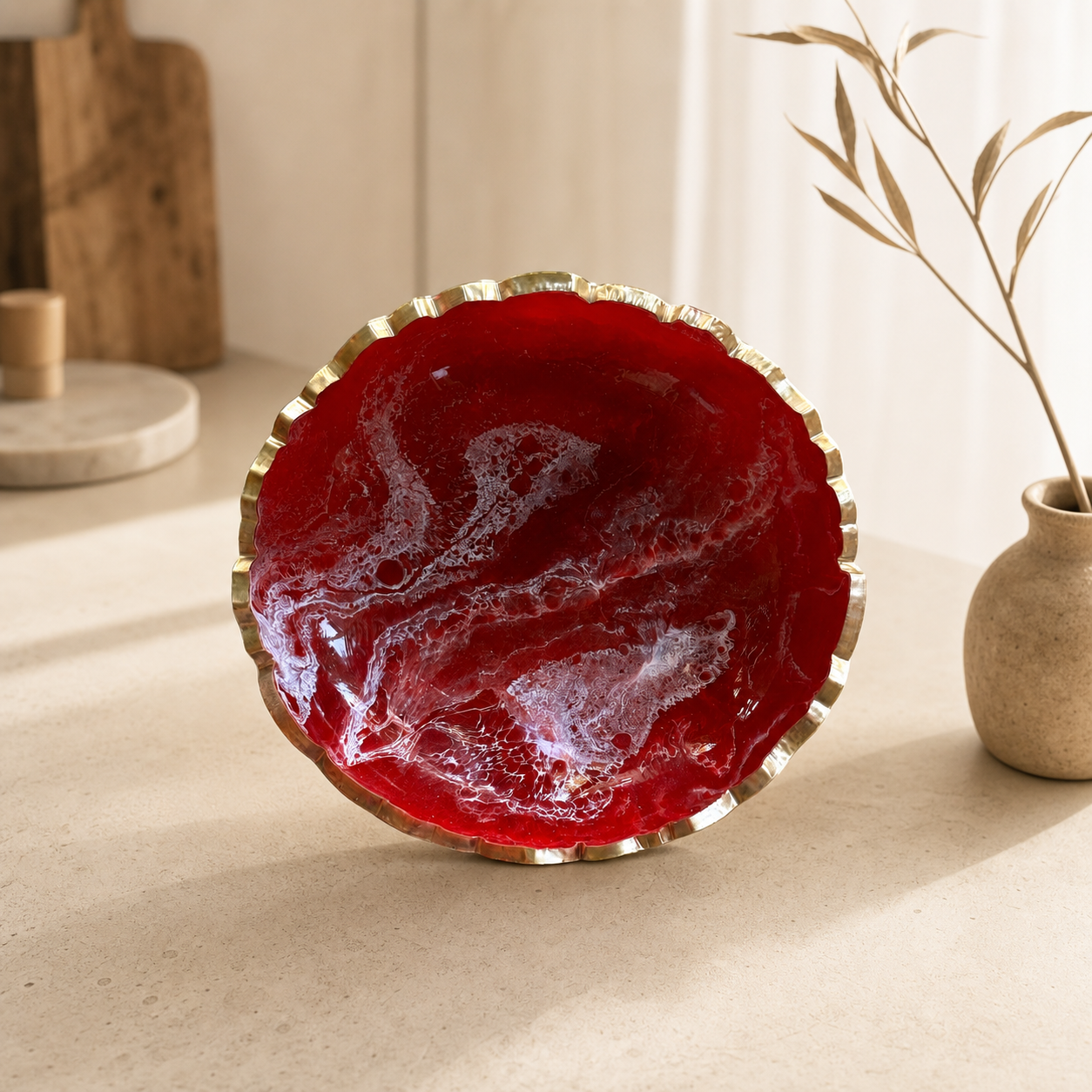 Small Red bowl, 8x2" geode design epoxy resin