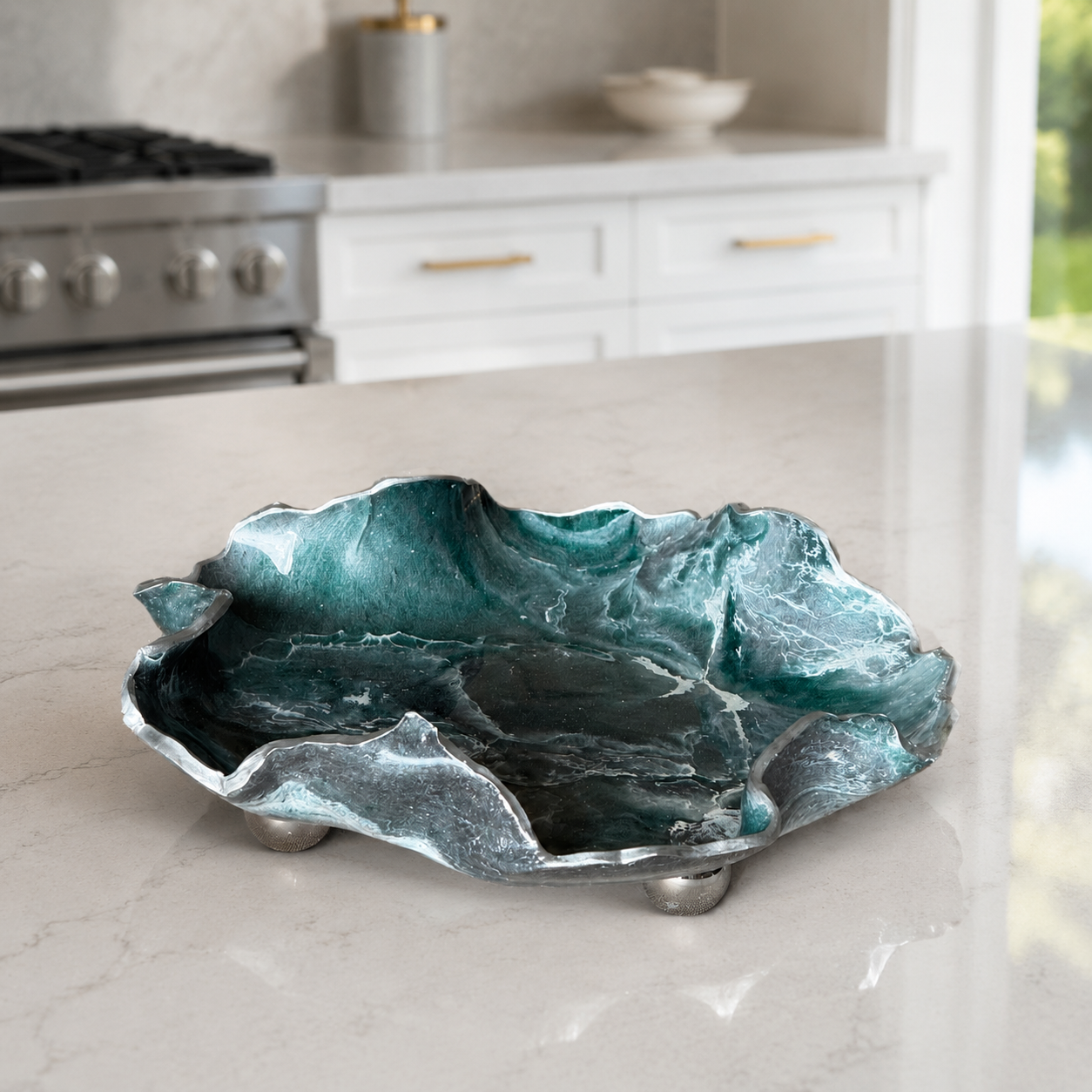8" Teal and Silver Geode Design Epoxy Resin Catchall Bowl with Feet