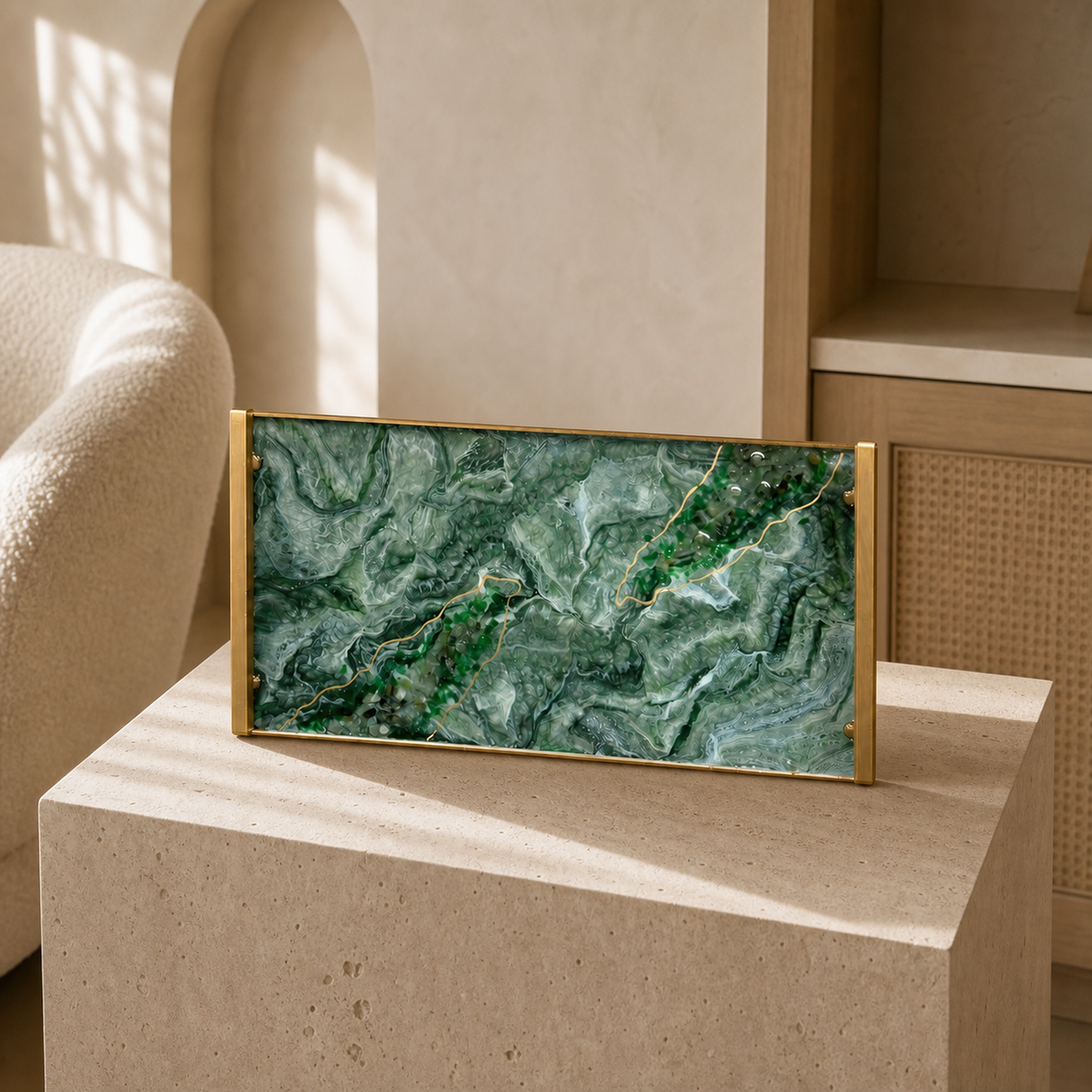 Green large Charcuterie tray 18x9" handmade epoxy resin geode design