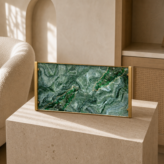 Green large Charcuterie tray 18x9" handmade epoxy resin geode design