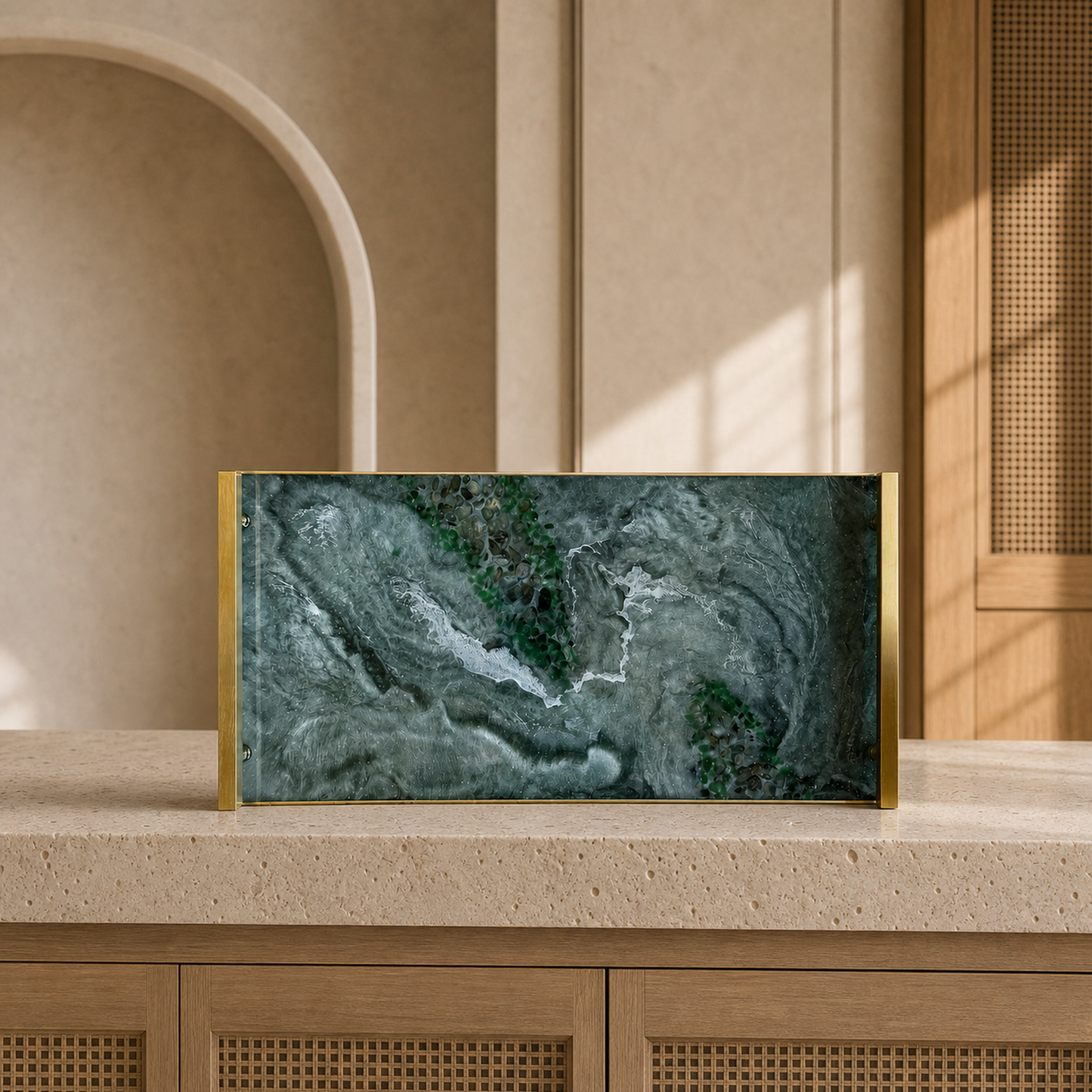 Green large Charcuterie tray 18x9" handmade epoxy resin geode design