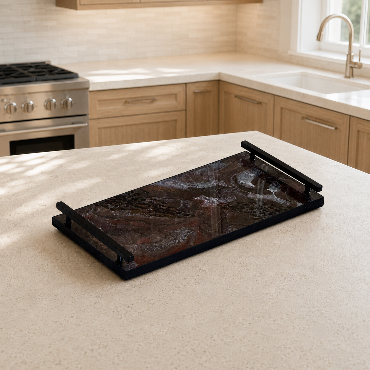 Black, Bronze and Copper large Charcuterie tray 18x9" handmade epoxy resin geode design
