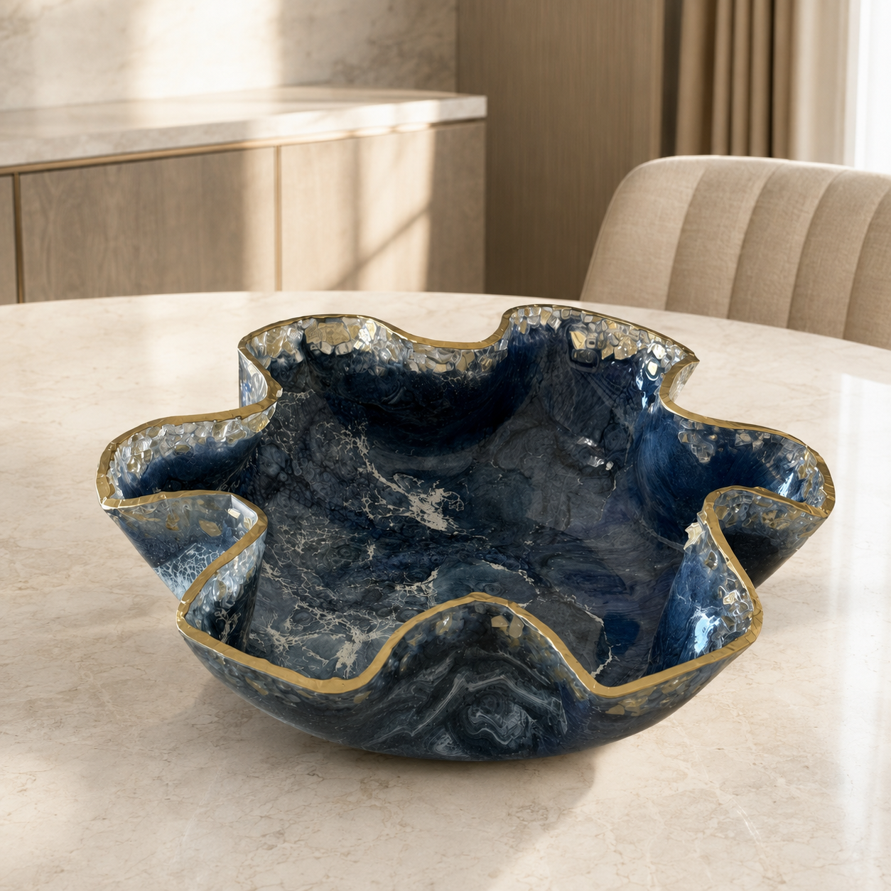 Large Blue bowl with Glass edge, 18x3" geode design epoxy resin