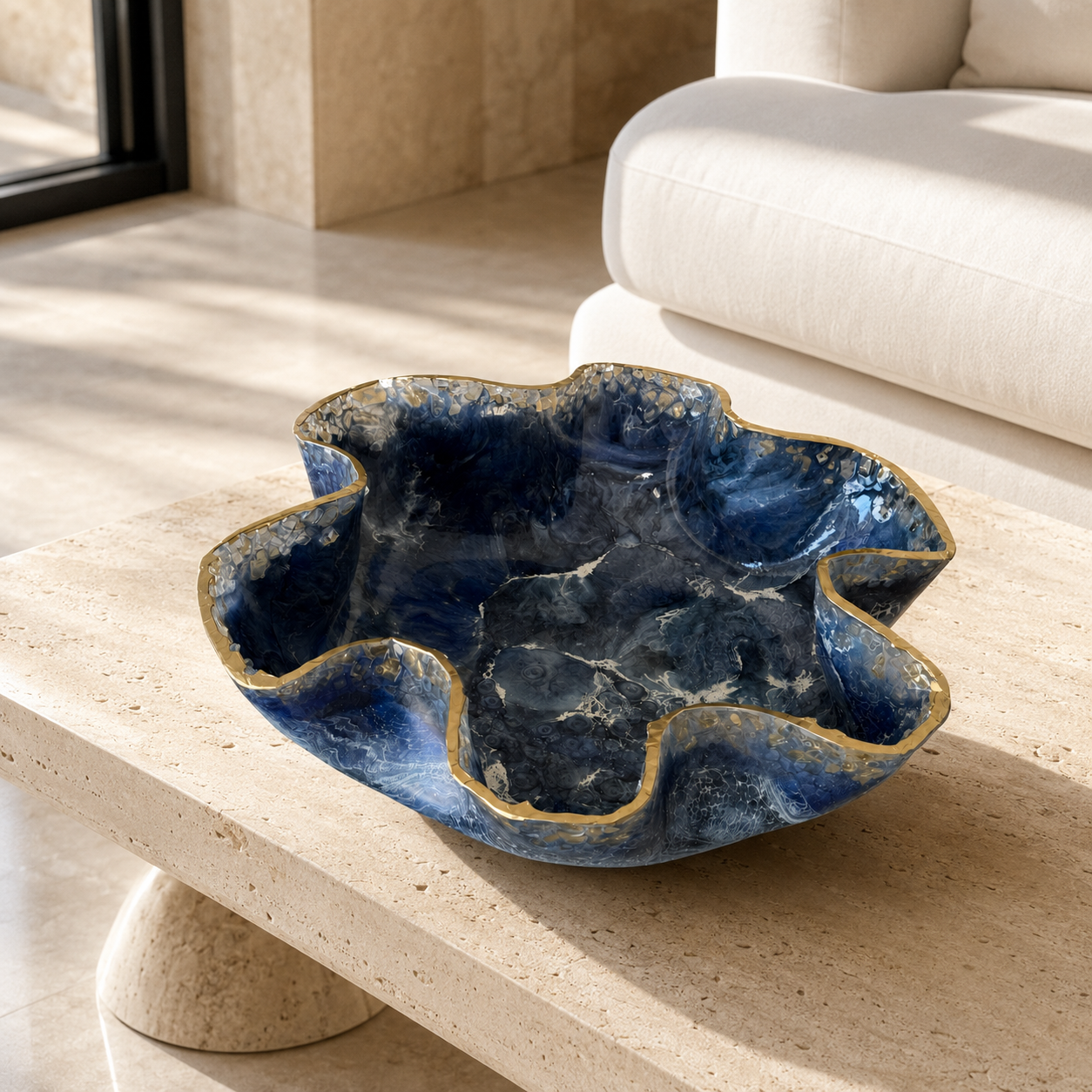 Large Blue bowl with Glass edge, 18x3" geode design epoxy resin