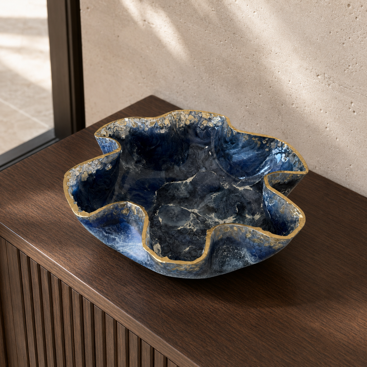 Large Blue bowl with Glass edge, 18x3" geode design epoxy resin