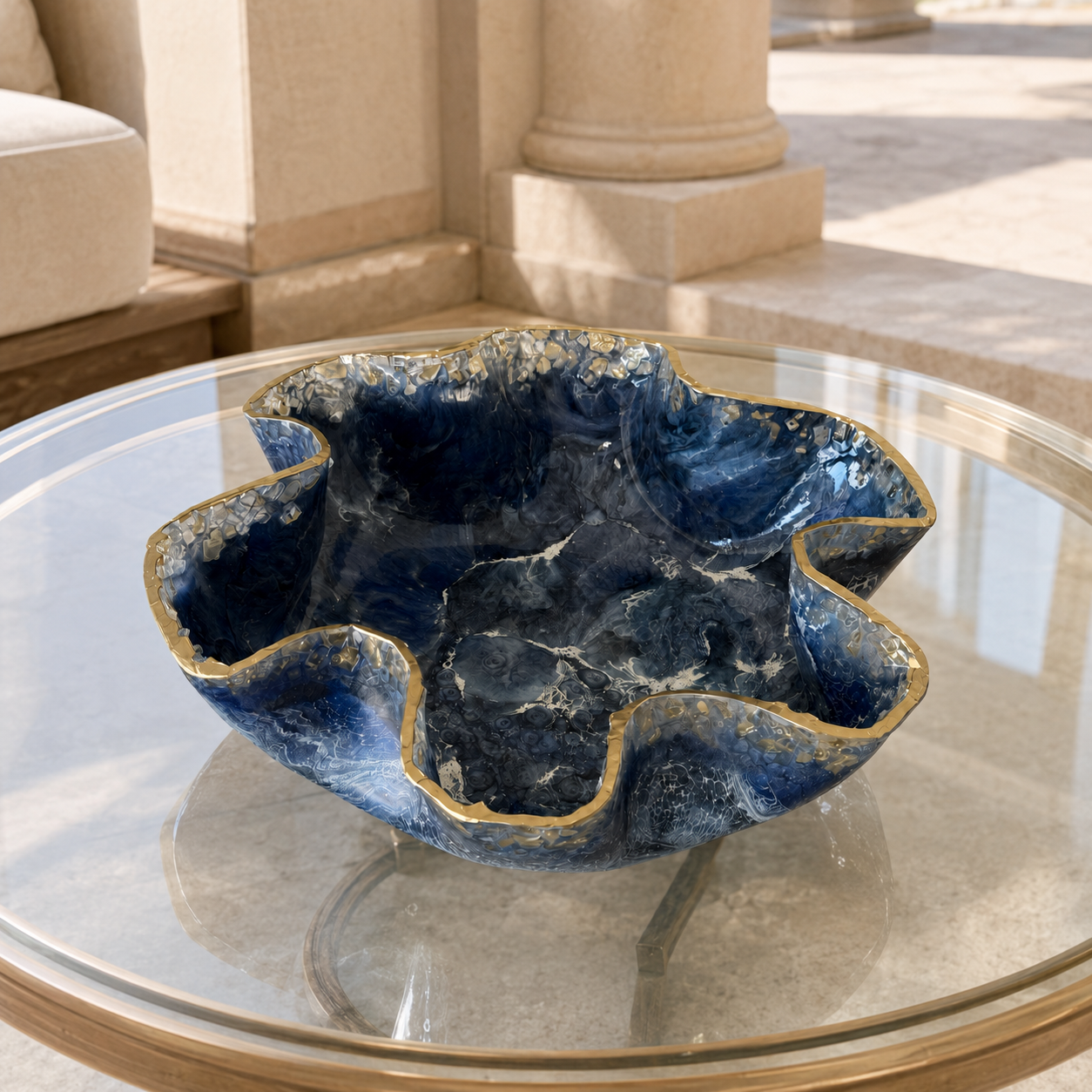 Large Blue bowl with Glass edge, 18x3" geode design epoxy resin