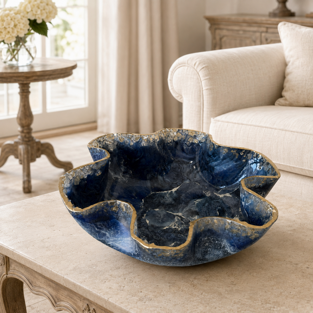 Large Blue bowl with Glass edge, 18x3" geode design epoxy resin