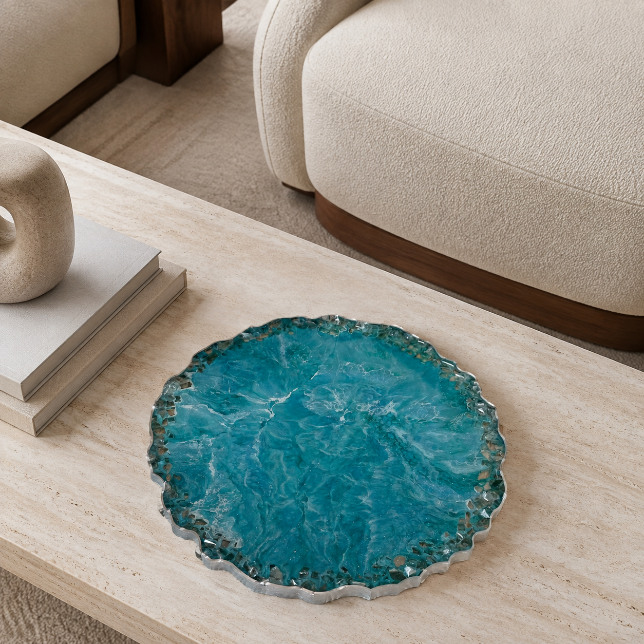 Ocean Colors tray handmade epoxy resin geode design, blue glass chips edge