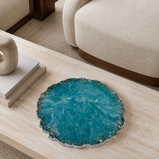 Ocean Colors tray handmade epoxy resin geode design, blue glass chips edge