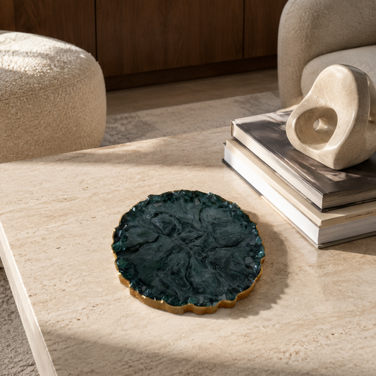 Green tray handmade epoxy resin geode design, glass chips edge