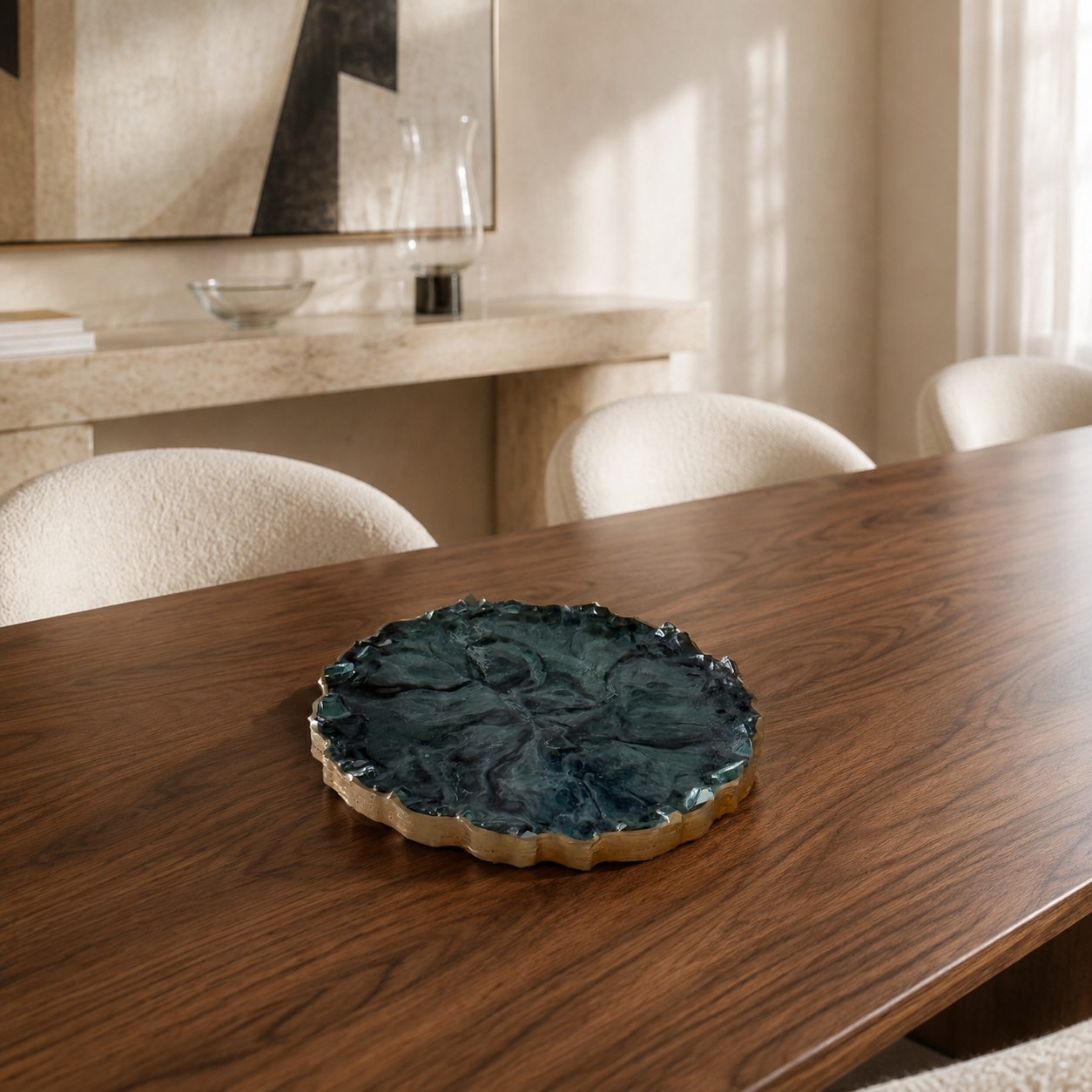 Green tray handmade epoxy resin geode design, blue glass chips edge