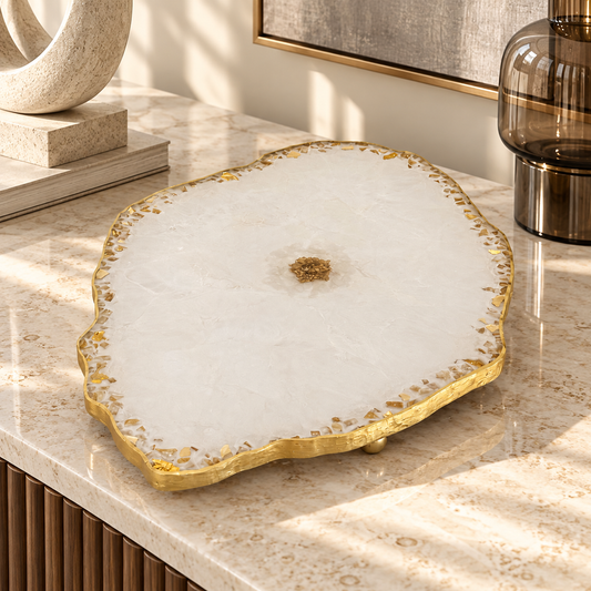 White XL 20x13" Geode design Epoxy Resin Serving Tray, with Glass Rocks, Custom Color Decorative Tray, Optional Legs, 20 x 13 Inch