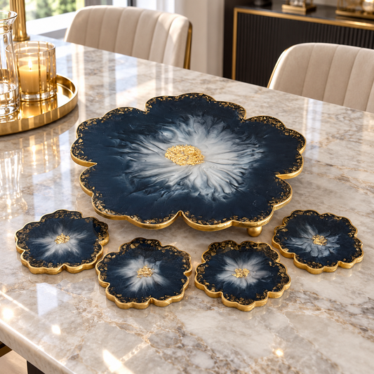 Navy Blue Flower tray with matching coasters