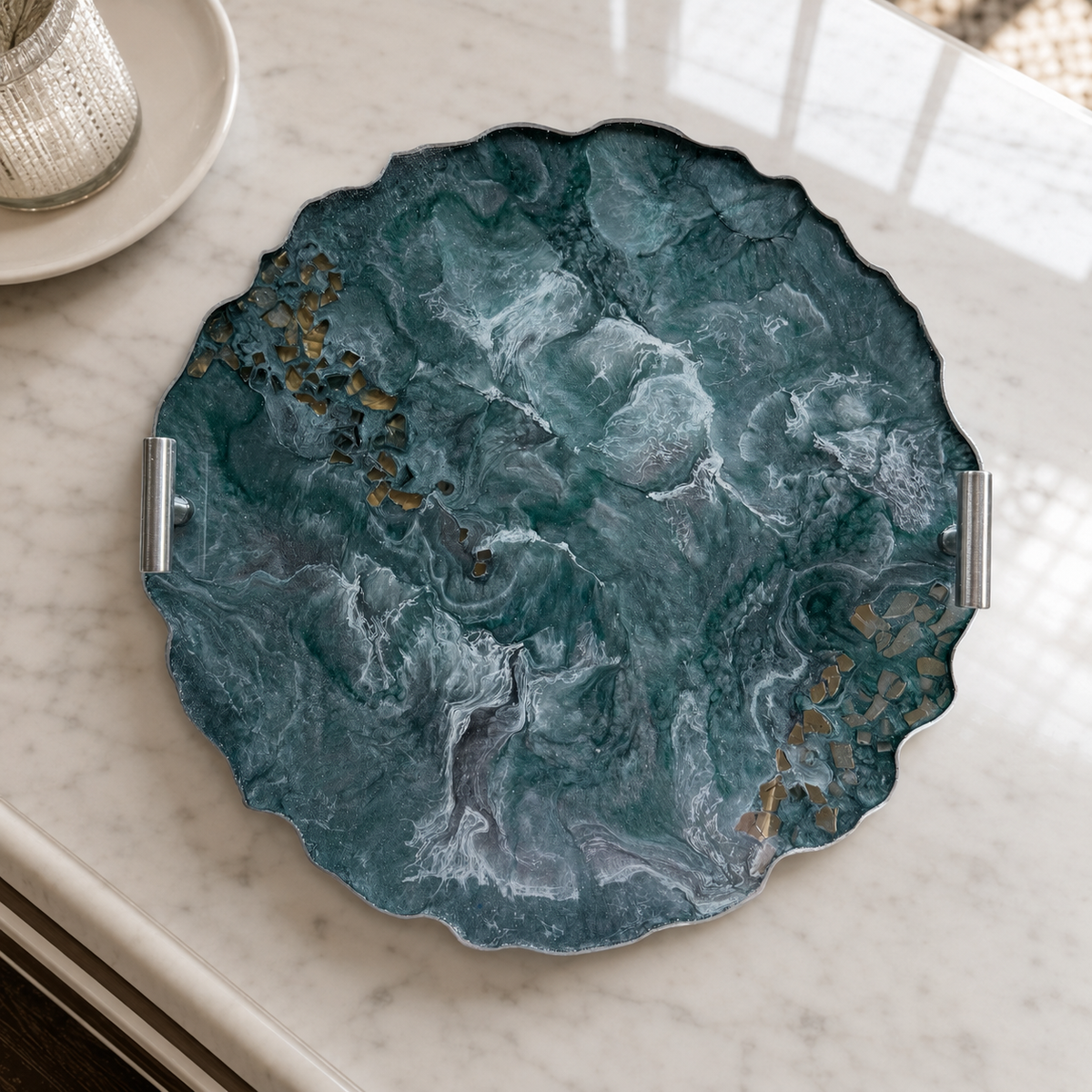 Teal and Silver tray handmade epoxy resin geode design