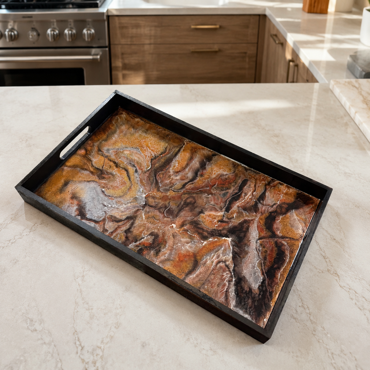 Black, Bronze and Copper wooden tray handmade epoxy resin geode design, 3 sizes