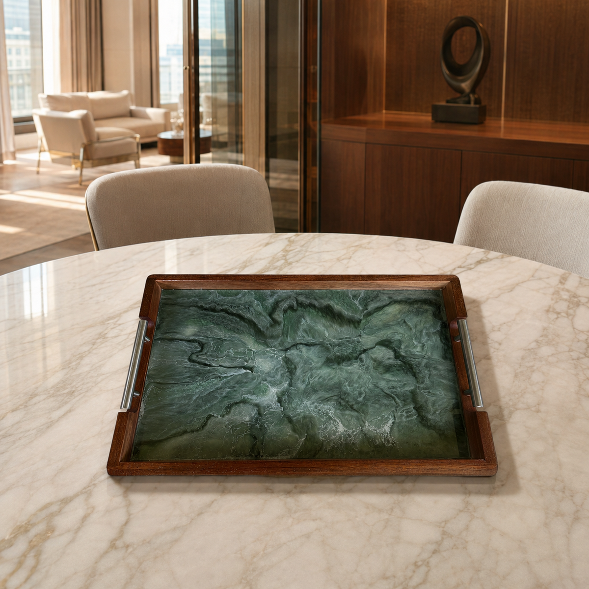 Green acacia wood tray 17x13x2" handmade epoxy resin geode design